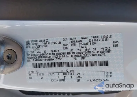 2022 Ford Escape Sel z USA, uszkodzony, nr VIN 1FMCU0H64NUA18233